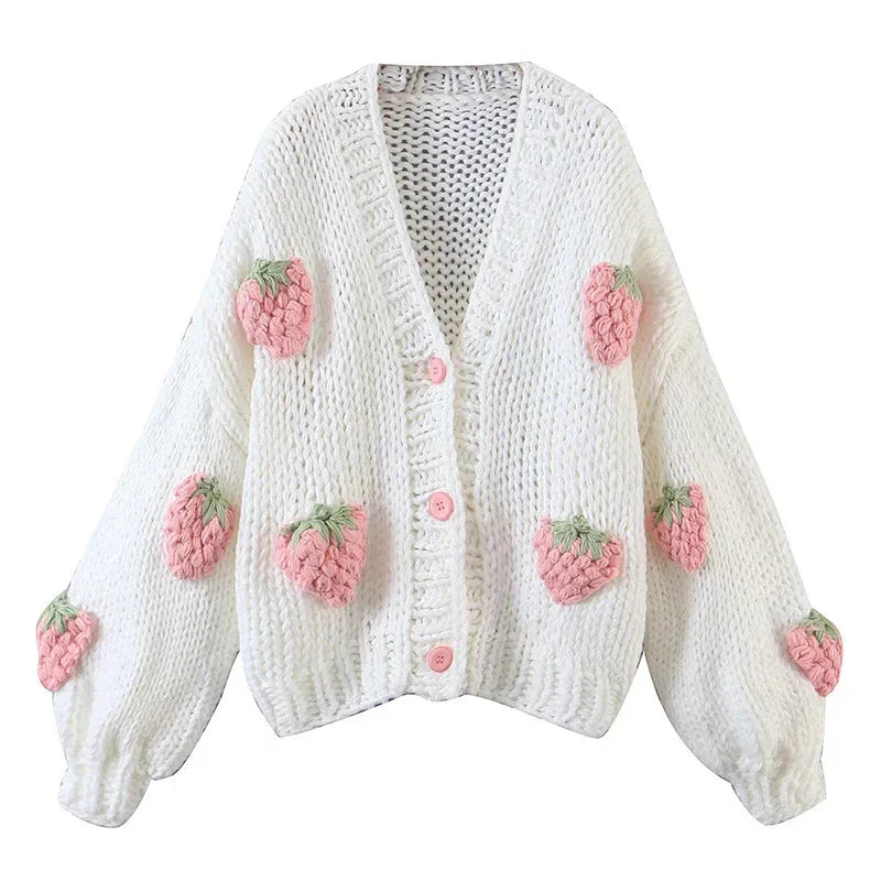 Cute Strawberry Women Cardigan Sweater Winter Loose Fashion V Neck Hand 3D Knitting Ladies Jumper Casual Female Coats New