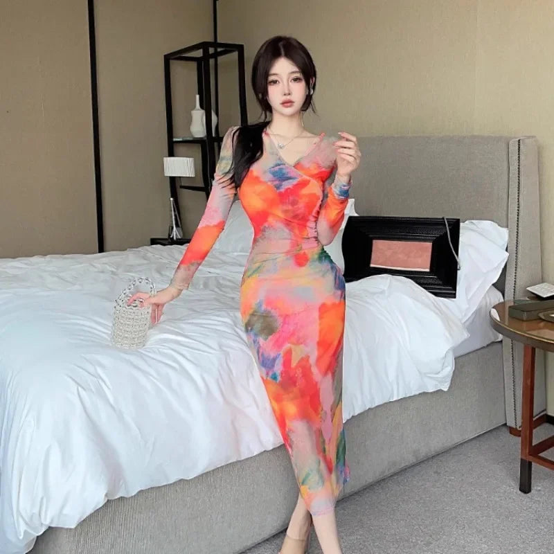 WARMMETA Fashion Sexy Woman Dress Oil Painting Blooming Autumn Winter Slim Elegant Long Sleeve V Neck Vintage Dresses Chic