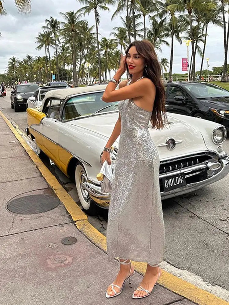 Picsgirl -  Women Backless Metal Sequins Dresses Sexy Silver Sleeveless Shinny Halter Vestidos Female Christmas Banquet Evening Robes