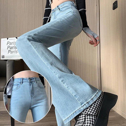 Retro Blue Elastic Jeans Women's High Waist Show Flare Pants New Arrival Desnim Wide Leg Slim Fit