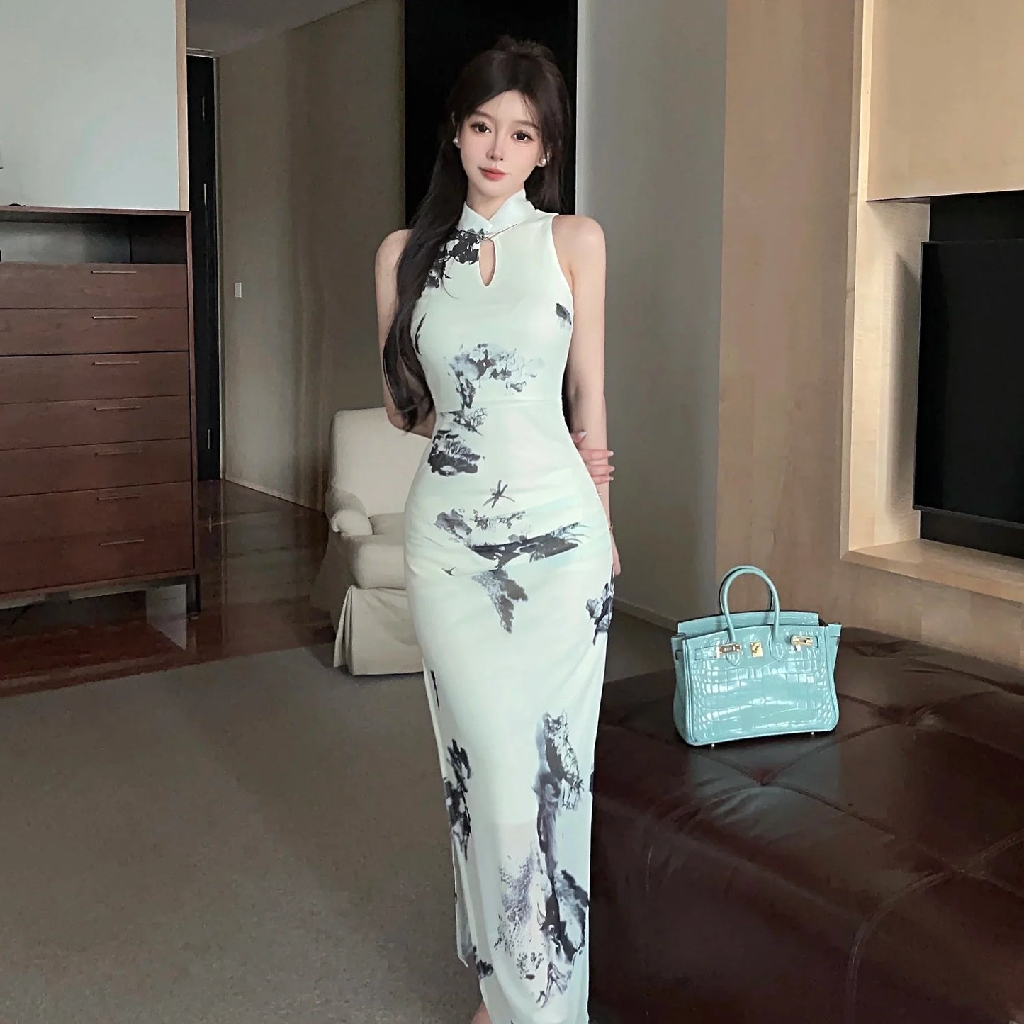 Gege Socialite Elegant Sexy Chinese Sle Stand Collar Hollow out Long dress High Slit Improved Cheongsam Dress