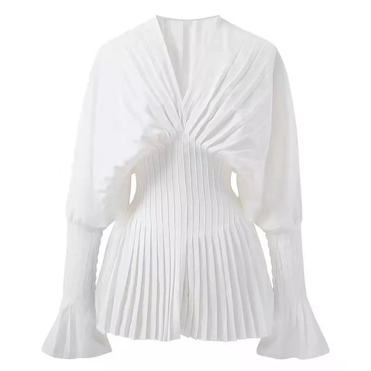 warmmeta Elegant Women Loose White V-Neck Pleated Shirts Female Lantern Full Sleeve Tops Blouses Casual Blusas Spring Autumn