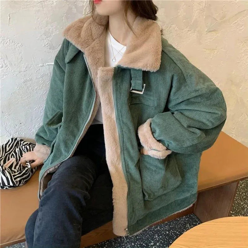 Biyaby New Autumn Winter Warm Corduroy Jacket Women Casual Loose Thicken Plush Coat Woman Korean Pocket Zipper Lamb Wool Parkas