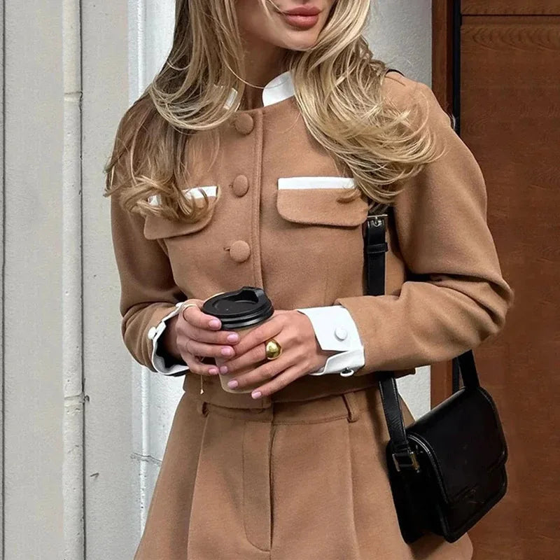 Tweed horts Skirt Two Piece Set Women Elegant Long Sleeve Single Breasted Jacket Woman Shorts 2 Suits Lady Outfits 2024