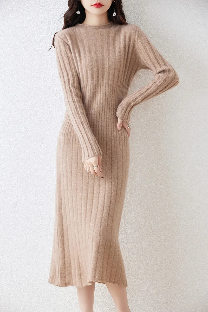 100% Merino Wool Sweater Dress 2023 Autumn And Winter New Women's Striped Round Neck Pleated Skirt Pullover