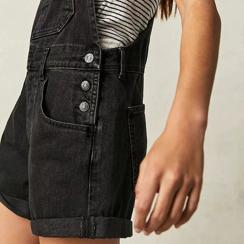 warmmeta Y2K Vintage Black Denim Rompers Women Sleeveless High Waist Jeans Playsuits Korean Fashion Chic Jumpsuits Overalls Baggy Shorts