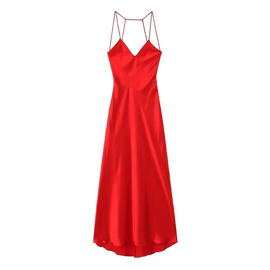 WARMMETA Women Sexy Backless Satin Red Sling Long Dress Christmas Party Vestidos