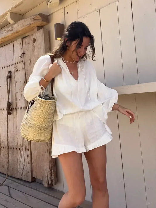 Spring Solid Shorts 2 Pieces Set Women V-neck Long Sleeve Drawstring Shirt Elastic Waist Short Pants Suit Female Casual Outfits