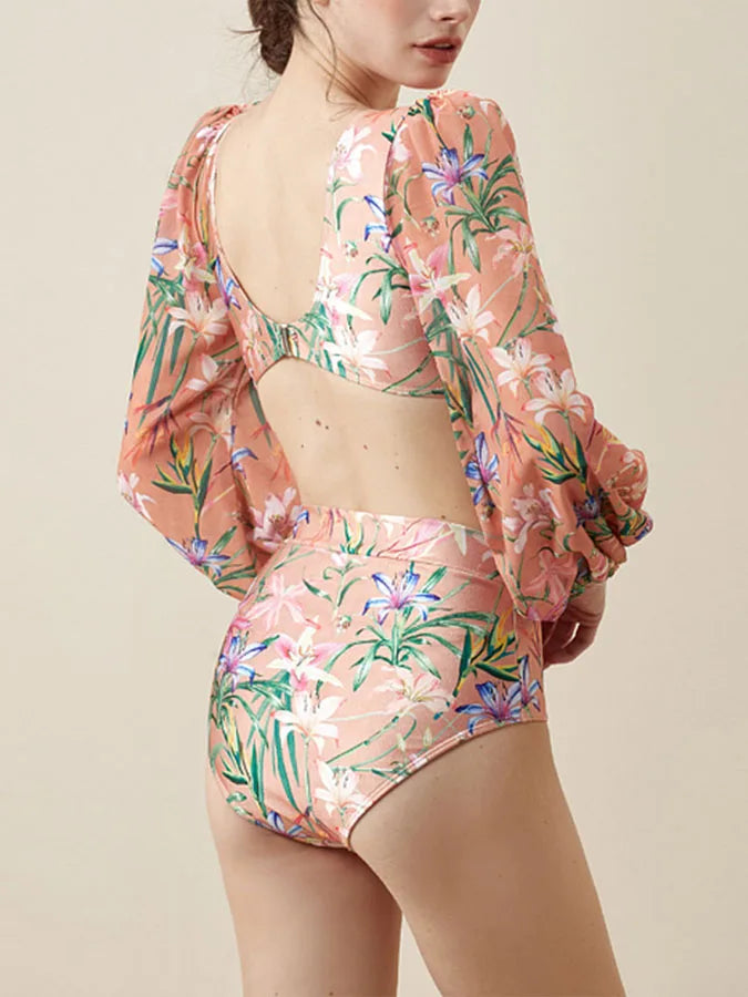 Printed High-waisted Deep V Beach Romantic Elegant Resort One-piece Swimsuit With Sleeves And Mesh Stitching Sarong