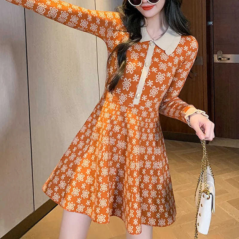 Women's Clothing Simplicity Elegant Korean Slim Casual Printing Turn-down Collar Long Sleeve Buttons Patchwork Knitting Dresses