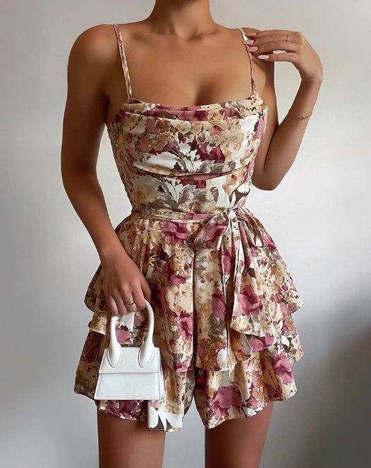 Women Short Jumpsuit 2024 Sexy Floral Print Cowl Neck Layered Ruffles Romper Summer Beach Sleeveless Above Knee Jumpsuit