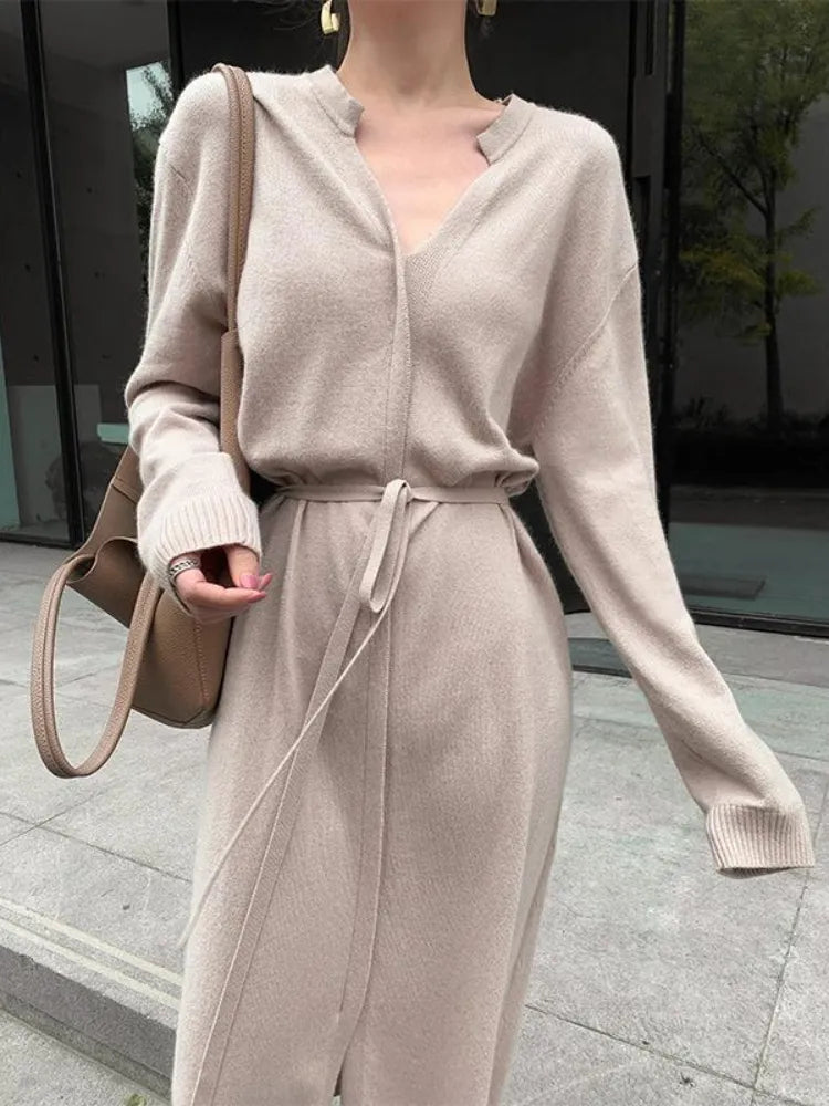 Sweater Dress for Women Autumn Winter Mid Length Underlay Outwear Over Knee Drawstring Waist Elegant Knit Dress Women's Clothing