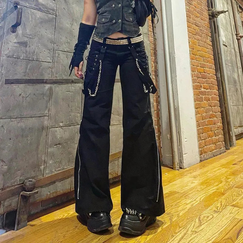 Women Pants Hip Hop High Waist Bandage Streetwear Rivet Trousers Goth Dark Gothic Grunge Black Pants Harajuku Punk Wide Leg