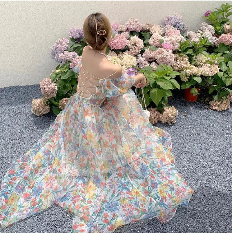 Women's French First Love Puff Sleeves Floral Long Dress Summer Dresses Cool and Breathable Bare Shoulder Korean Fashion 2024