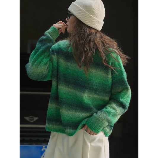 Winter Gradient Green Striped Mohair Sweater Skin Friendly Warm Comfortable Top For Women