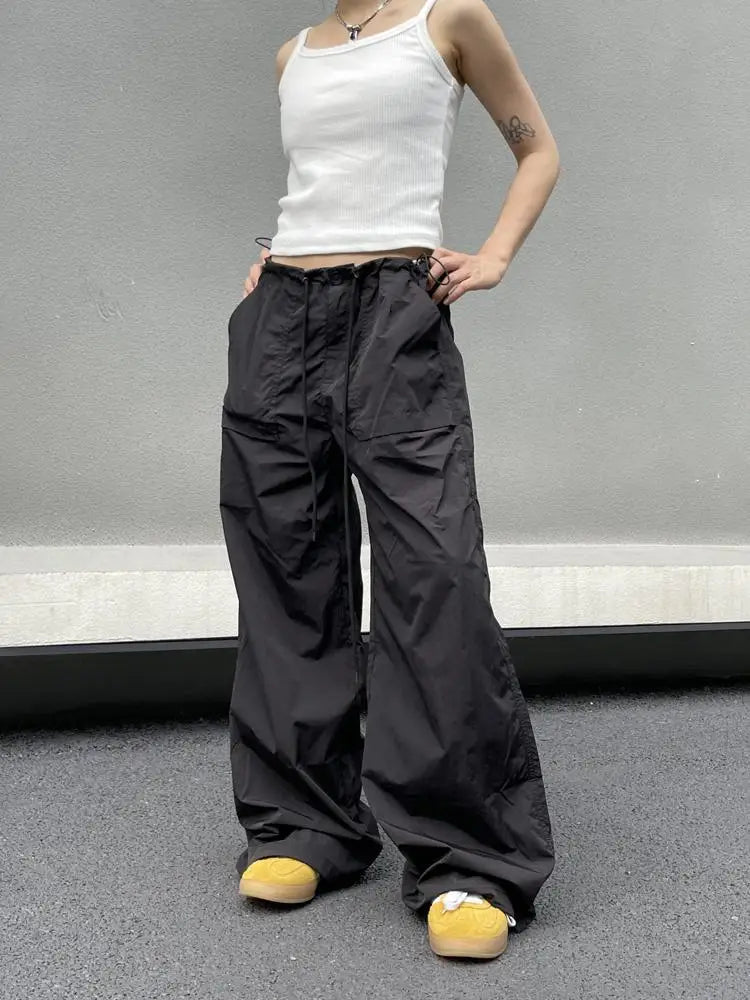 HOUZHOU Black Oversized Parachute Pants Women Wide Cargo Trousers Japanese Style Casual Pleated Joggers Streetwear Vintage Y2k