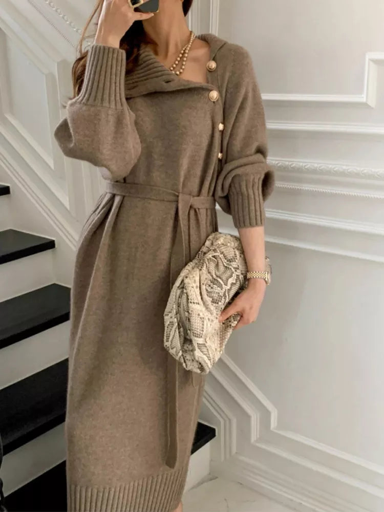 Vintage Turtleneck Buttons Long Sleeve Long Dresses Winter Fashion Casual Loose Knitwear Warm Women Knitted Dress Black Apricot