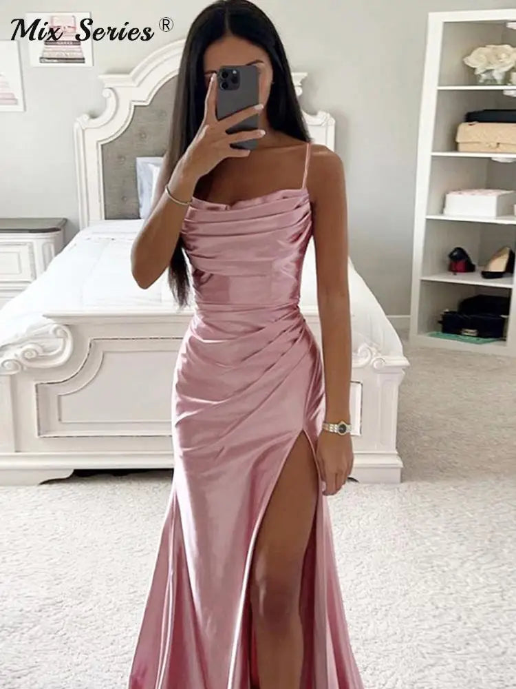 WARMMETA Satin Backless Side Split Maxi Dress Women 2024 Summer Sexy Slim Off Shoulder Ruched Bodycon Female Party Evening Dresses