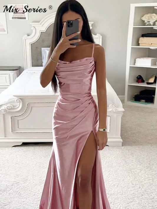 WARMMETA Satin Backless Side Split Maxi Dress Women 2024 Summer Sexy Slim Off Shoulder Ruched Bodycon Female Party Evening Dresses