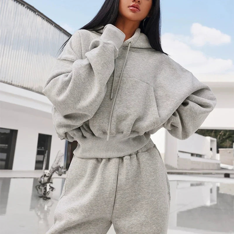 Wholesale Fall Winter Fleece Crop Hoodies and Pants 2 Piece Set Tracksuit Women Sports Outfits Two Piece Suit Mujer Solid Casual