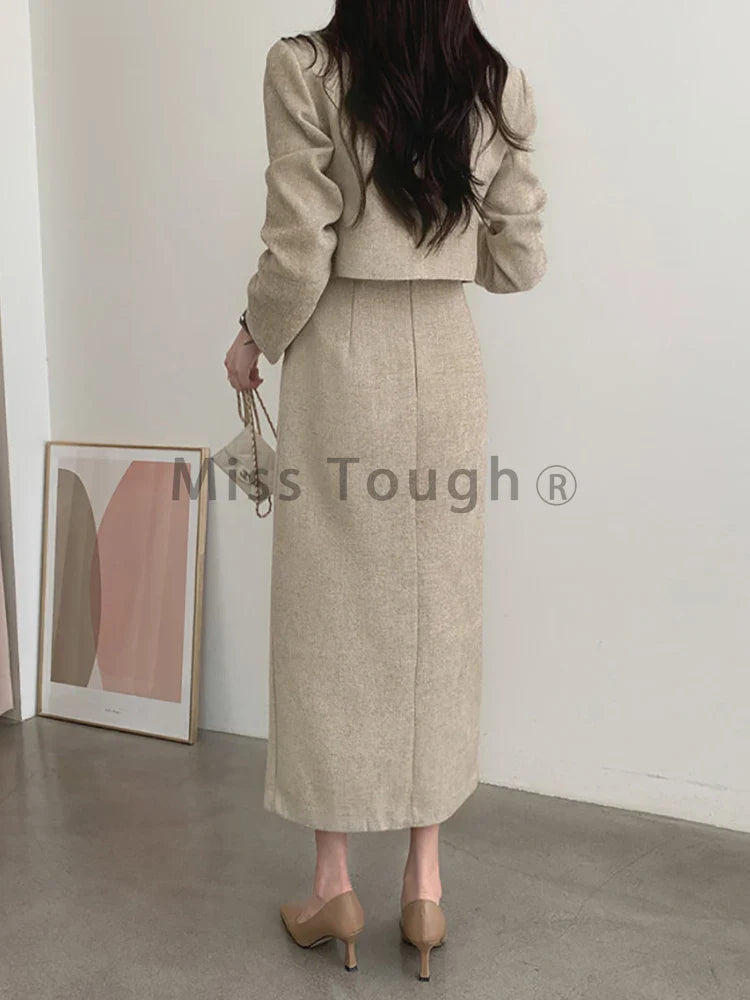 Winter Vintage Elegant Two Piece Set Women Pockets Jacket Coat+ Retro Midi Skirt Suit Female Korean Style Chic Designer Set