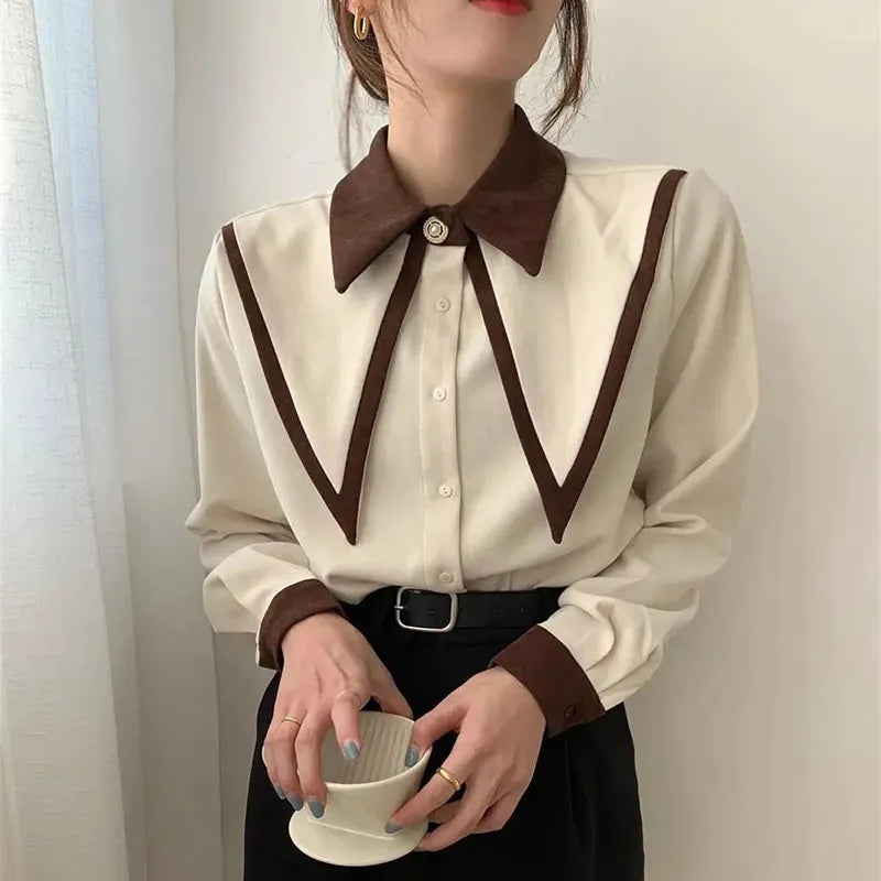 Vintage Elegant Shirts Women Chiffon Patchwork Ruffle Turn Down Collar Long Sleeve Blouse Korean Office Lady Loose Tops