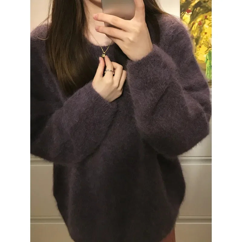 Winter Casual Purple Knitting Long Sleeve Solid Color Pullovers Korean Fashion Women Chic Loose Coquette Warm Sweater