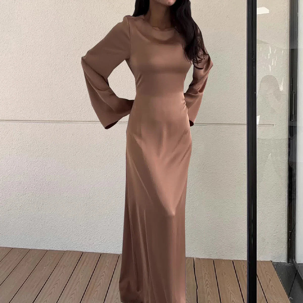 Women Elegant Long Dresses 2024 Fashion Simple Round Neck Satin Flare Sleeve Lace Up Slim Party Prome Maxi Dress Evening Gown