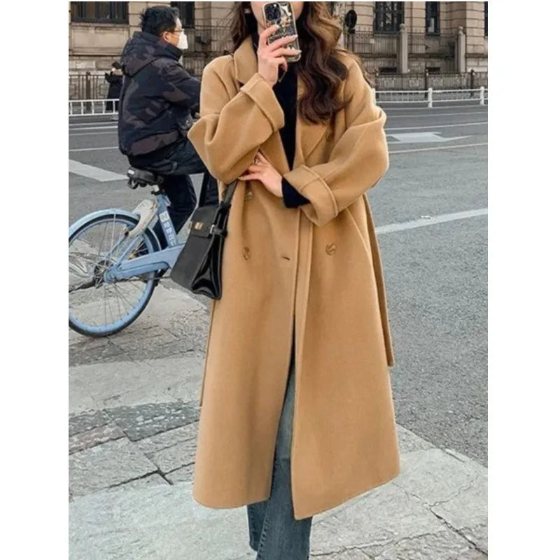 Korean Fashion Women Casual Loose Woolen Coat Elegant and Chic Solid Outerwear Long Overcoat with Belted Female Warm Cloak