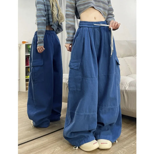 Cool Drag Dopamine Dark Blue Overalls Men and Women Thickened Loose Wide-leg Mopping Pants Autumn and Winter Casual Pants Tide