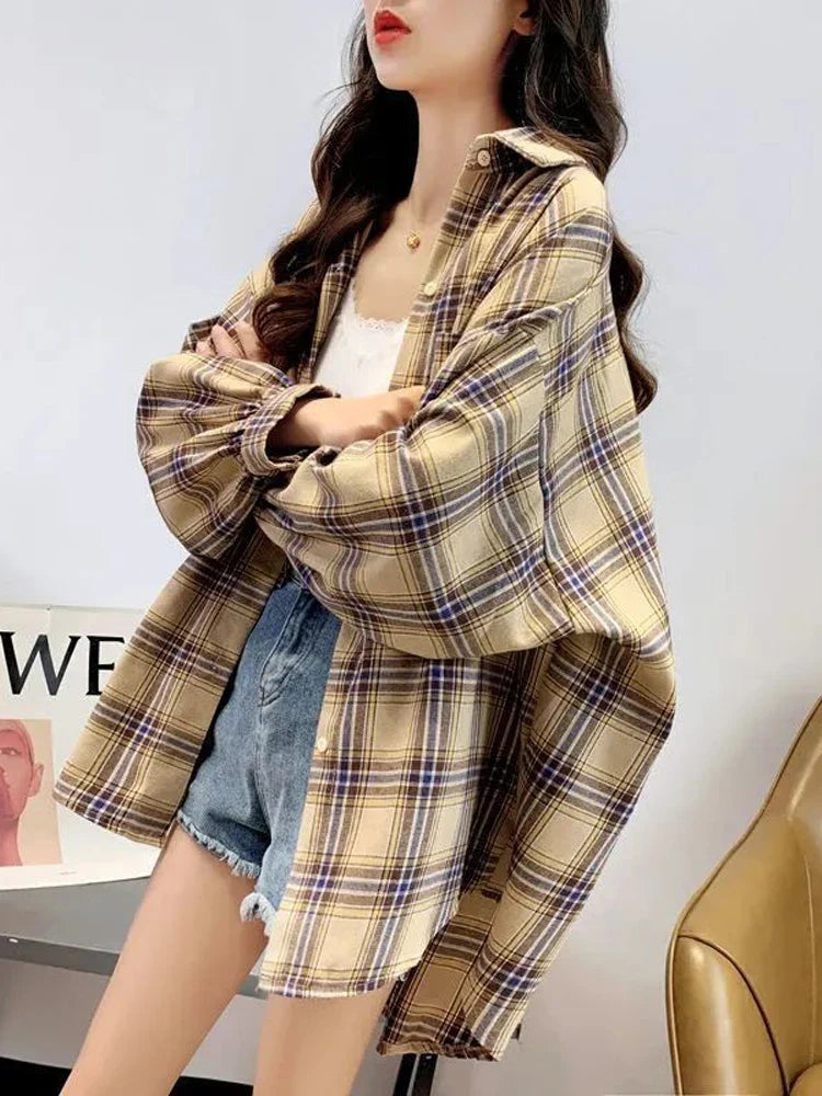 warmmeta Plaid Shirt Women Autumn Long Sleeve Top Female Vintage Fashion Single Breasted Blouse Ladies Preppy Style Loose Check Shirts