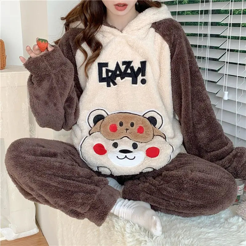 Flannel Pajamas Women Winter Loungewear Girls Sleepwear Suit Thick Cartoon Nighty Coral Velvet Kawaii Famale Home Clothes Sets