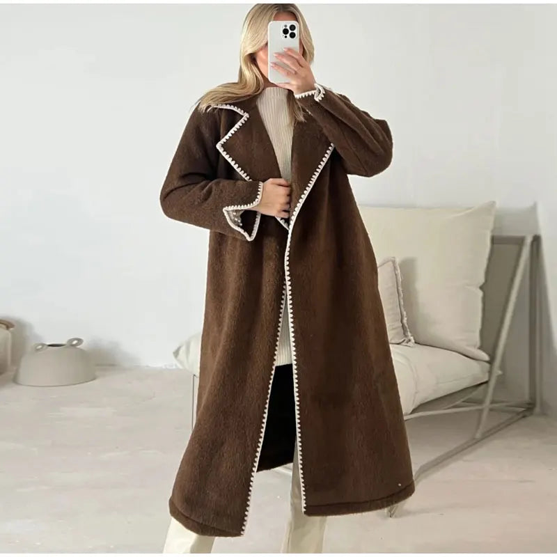 Women Patchwork Splice Woolen Maxi Coat Long Coat Elegant Long Sleeve Solid Loose Jacket 2023 Autumn Winter Lady Outerwear