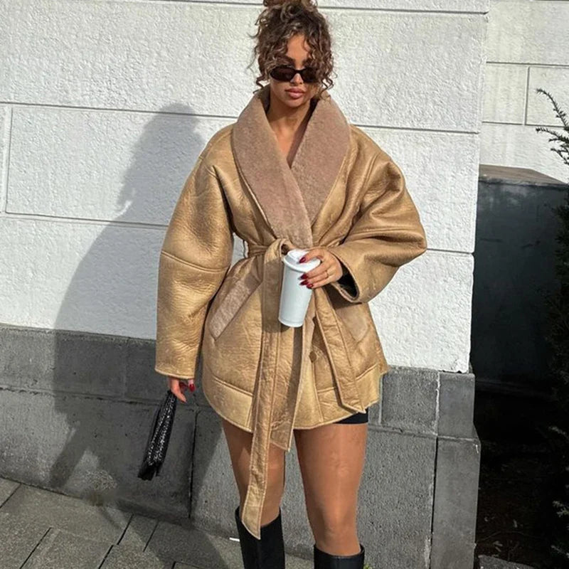 Winter Oversized Fake Shearling Jackets For Women Winter Streetwear Belts Thick Warm Faux Teddy Fur Coat Double Faced Tops