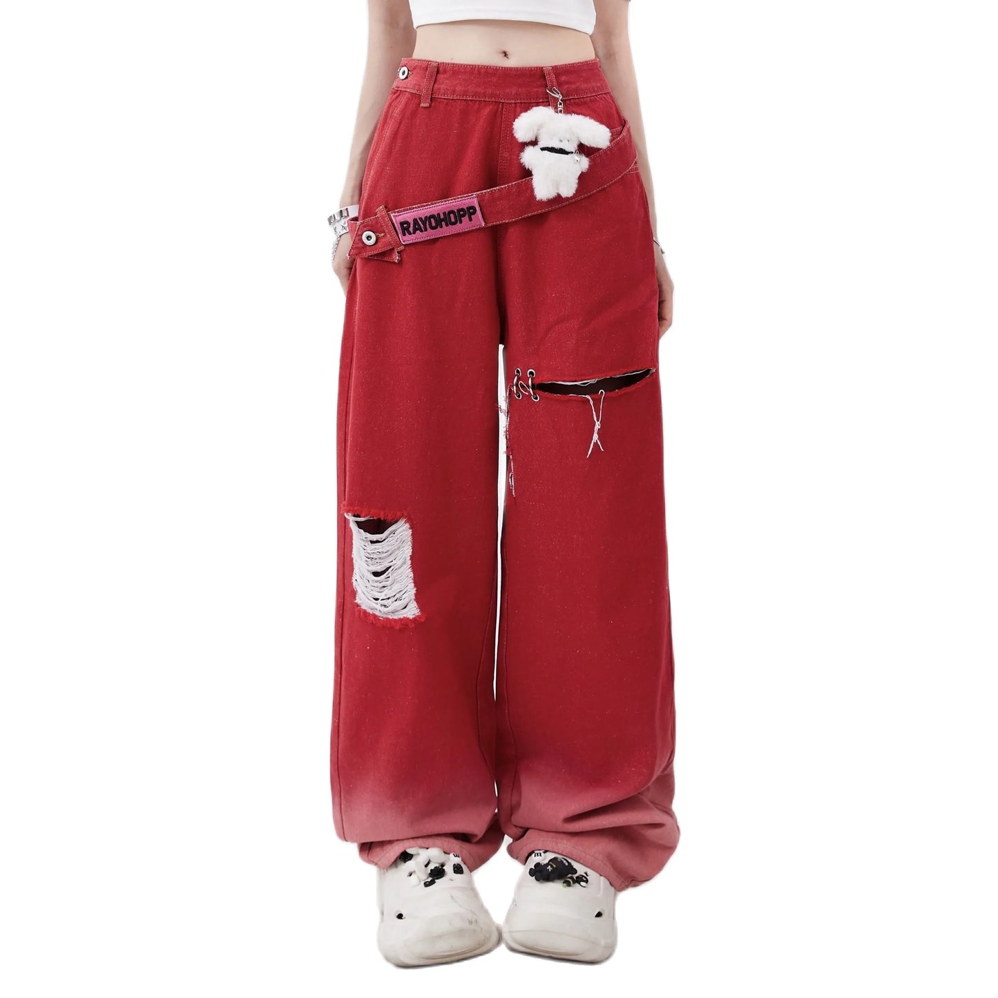 Oversized Red Jeans Women's Summer Fashion Retro Hole Gradual Design Dopamine Wearing Straight Pants