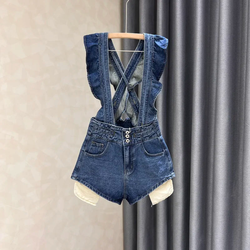 warmmeta-Large Size Denim Strap Shorts Women's Summer High Waisted A-line Jumpsuit Pants Sweet Ruffled Edge Short Jeans Size S-5XL