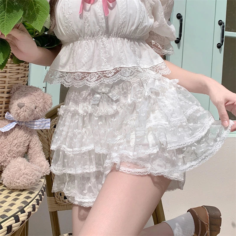 Snow Petal Ruffled Tulle Lace Bloomer Lolita Shorts