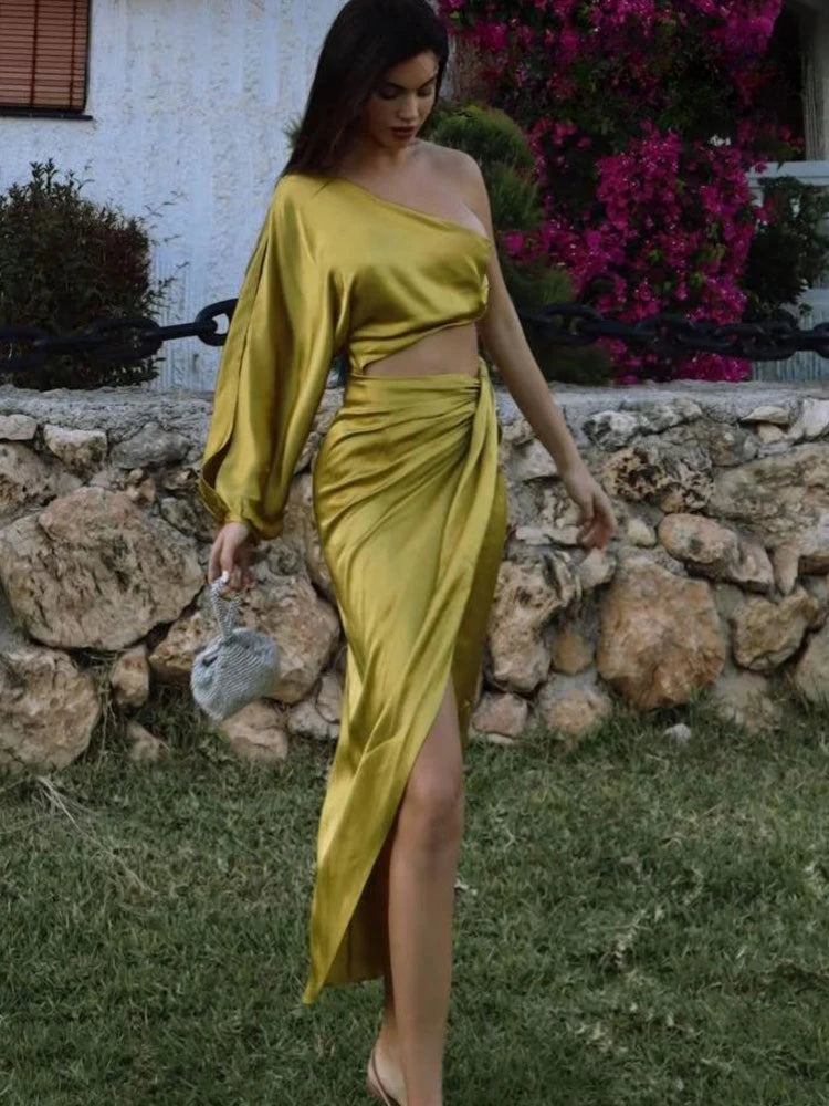 Tea party dress to impress  Ruched Off Shoulder Elegant Dresses for Women 2023 Yellow Asymmetric Satin Cut Out Long Dress Traf Official Store