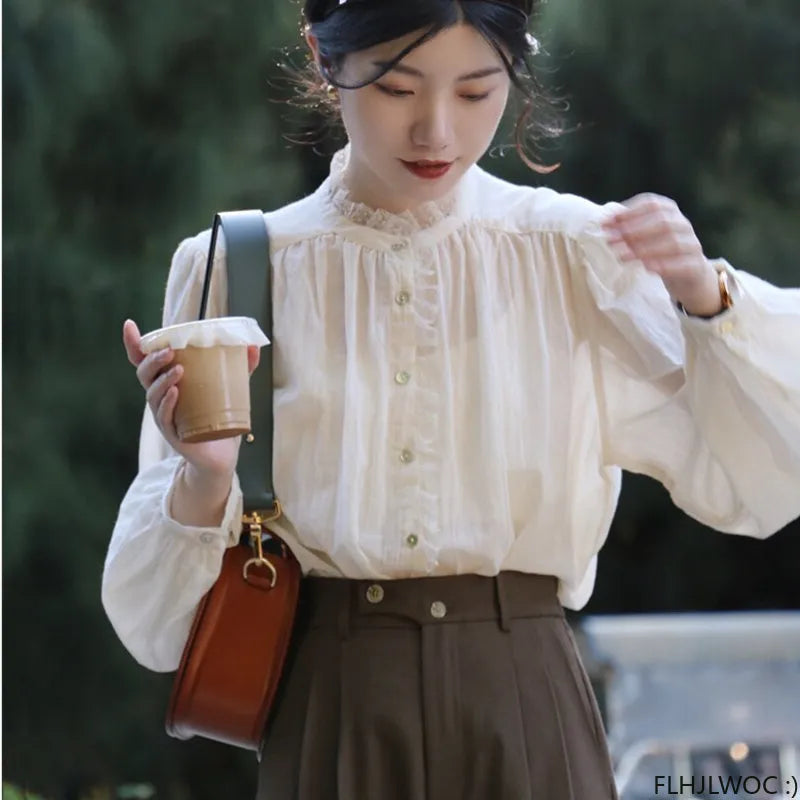 warmmeta Thin Transparent Lace Tops Women Korea Style Design 2023 French Elegant Office Lady Cute Girls Chic Ruffles Basic Shirts Blouse