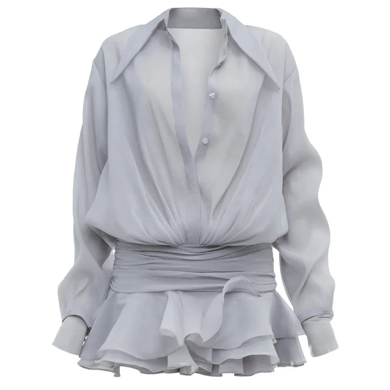 New White Chiffon Dress For Women Casual Ruffled Pleated Mini Dress See-through Loose Oversized Shirt Dress Cover-Up 2024