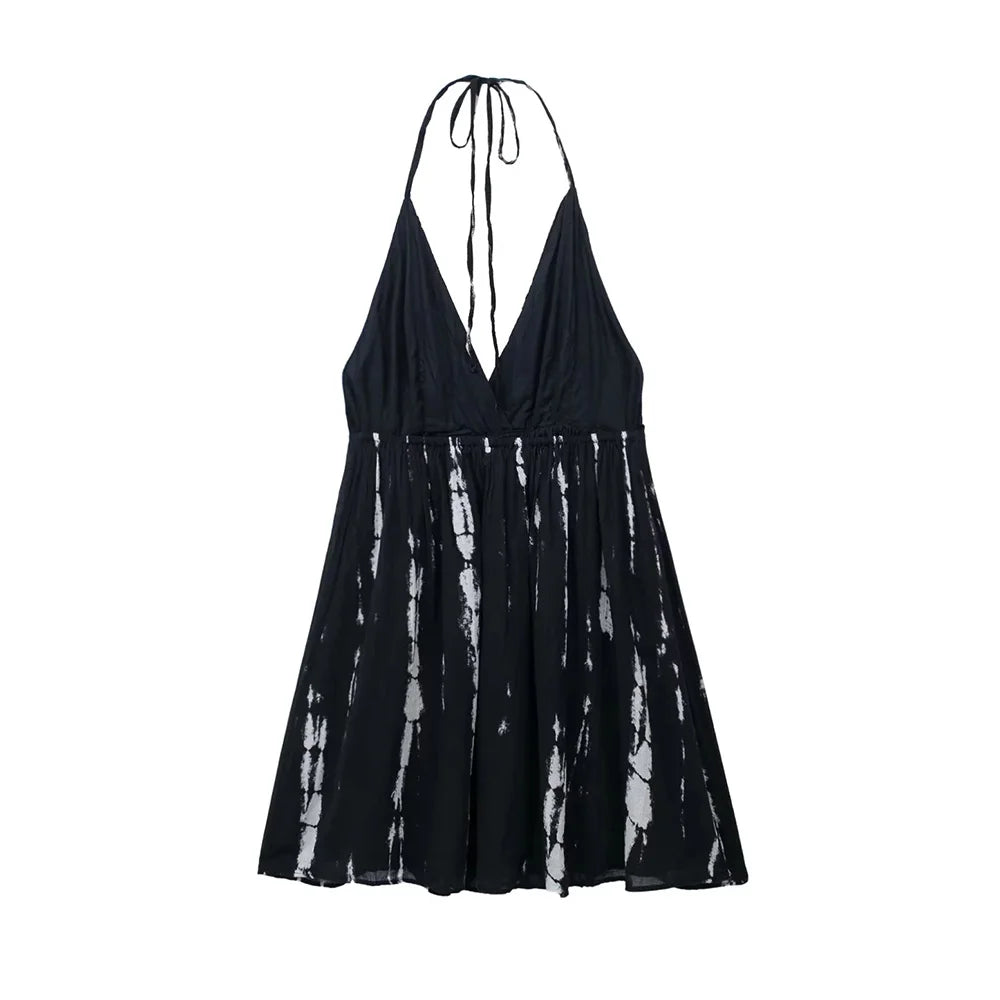 Women Suspended Dress Fashion Sling Tie-dye Printed Mini Sexy Backless with Tied Female Dresses Casual Bow Vestidos Mujer