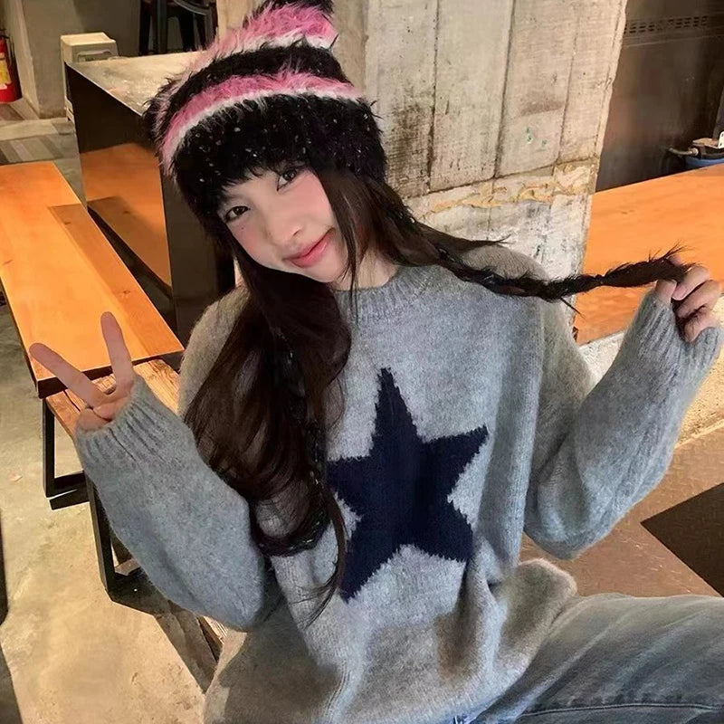 Star Pullover Sweater Women Korean Fashion Loose O-Neck Warm Fall Winter Knitwear Pretty Style Hip-Hop Lazy Female Jumpers Tops