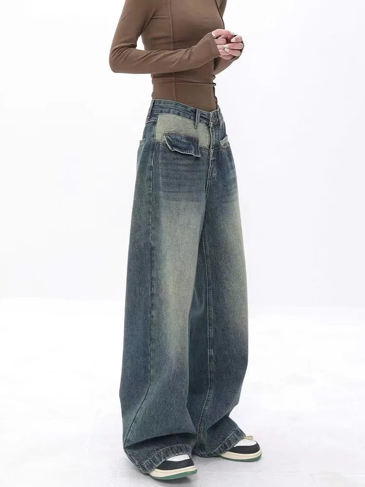 Y2k Streetwear Loose Denim Trousers Female Gyaru Clothes Vintage Wide Leg Baggy New Jean Women Autumn High Waist Pants Woman