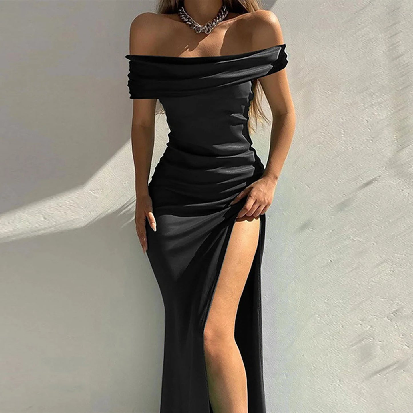 warmmeta-Women's Formal Dresses Fashion Solid Color Off Shoulder Satin Slim Side Slit Midi Dress Elegant Party Evening Dress For Women