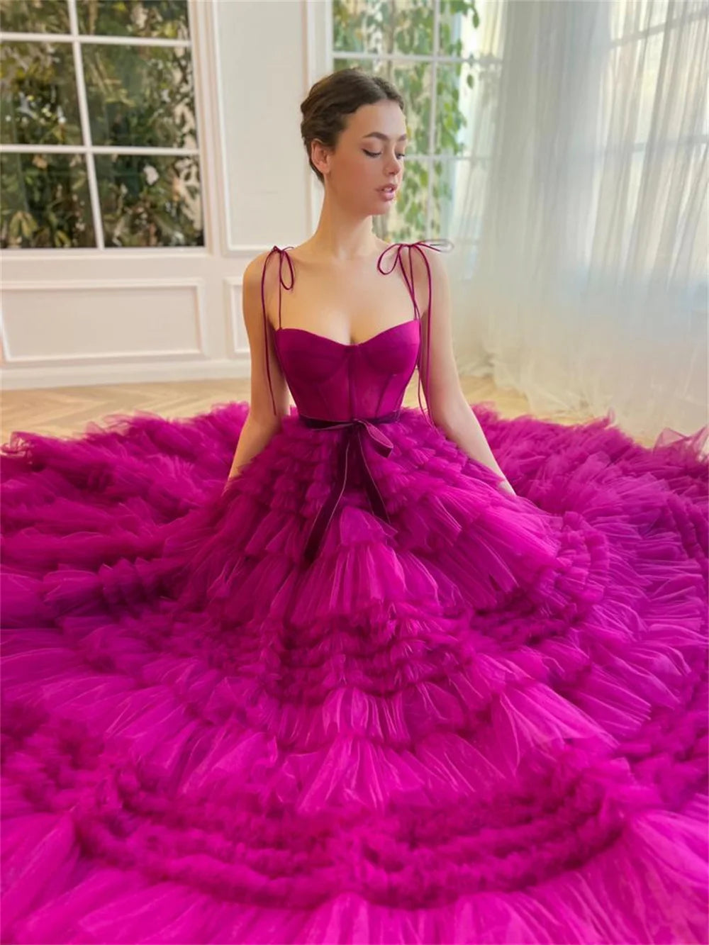 Gorgeous Prom Dress Sexy Spaghetti Strap Fuchsia  Multilayer Tulle A-line Prom Dress Princess Puffy 