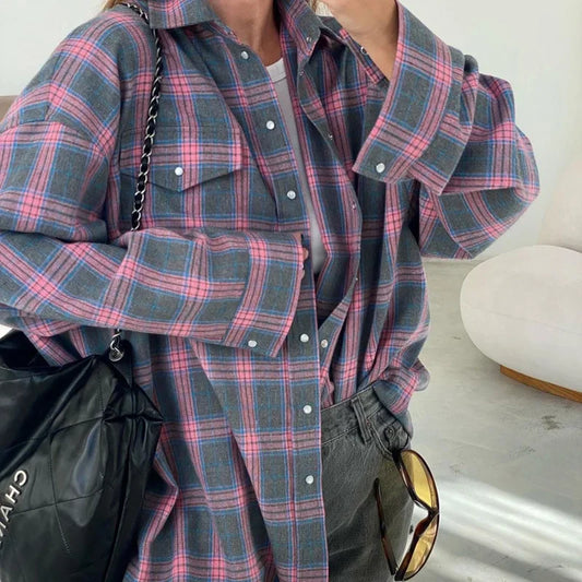 2024 Oversized Plaid Shirt Autumn Winter Women Vintage Long Sleeve Fashion Loose Lapel Pocket Shirt Fit Blouse Korean Style