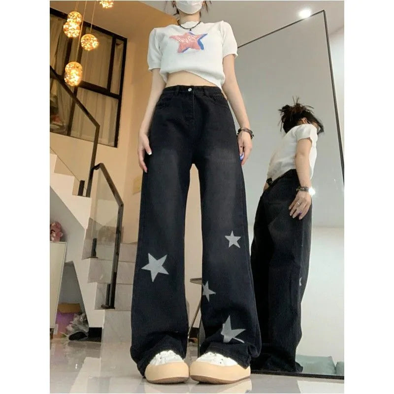 American Vintage High Waist Slim Straight Wide Leg Jeans Women's Autumn New Star Print Button Zipper Pockets Trendy Loose Pants