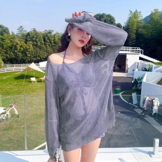 Women Fantasie High Waist 3 Piece Cover Up Swimwear Swimsuit Korean Style Vacation Swim Beach Wear Cardigan Bathing Suit