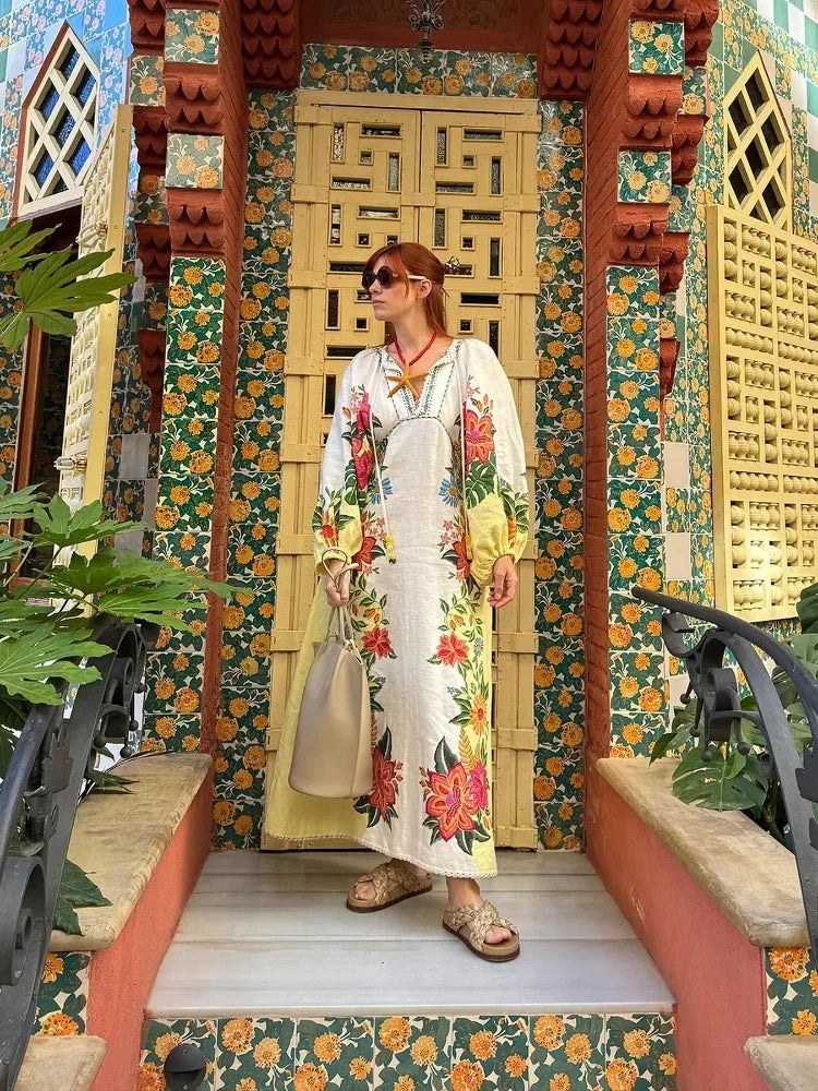 Summer Tropical Style Flower Print Long Dress Women Elegant V-neck Lantern Sleeve Loose Vestido Female Beach Holidays Dresses