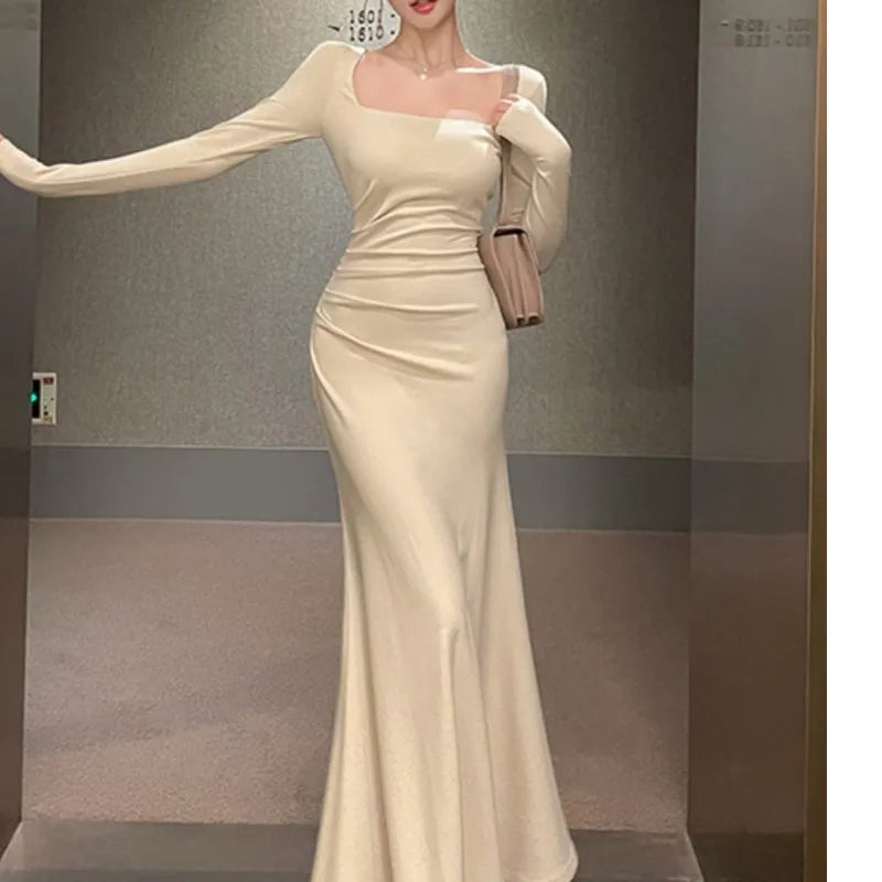 Elegant Slim Waist Women Mermaid Dress French Square Neck Lady Party Solid Midi Dresses Vintage Long Sleeve Female Clothes